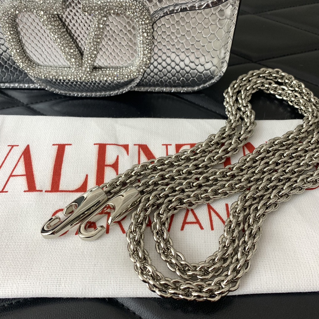 Valentino Garavani Loco Small Shoulder Bag in Silver Snake Grain Calfskin Leather 